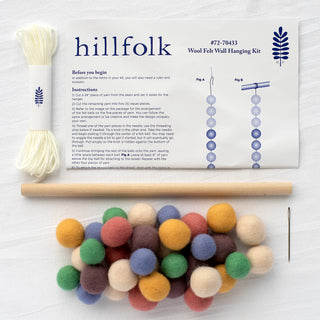 Hillfolk Felt Ball Wall Hanging Kit with 34 Wool Felt Balls, Wooden Dowel, Needle, and Instructions