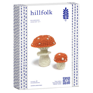 Hillfolk Crochet Mushroom Kit- Includes Crochet Hook, Yarn, Polyfill And Instructions. Makes Two Mushrooms, Approximately 4" And 2" Tall