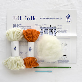 Hillfolk Crochet Mushroom Kit- Includes Crochet Hook, Yarn, Polyfill And Instructions. Makes Two Mushrooms, Approximately 4" And 2" Tall